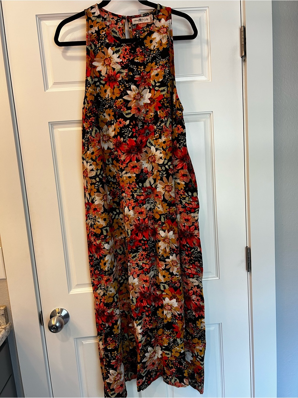 NATURAL LIFE Black Floral Keyhole Top with Mustard & Red Accents - Picture 2 of 4
